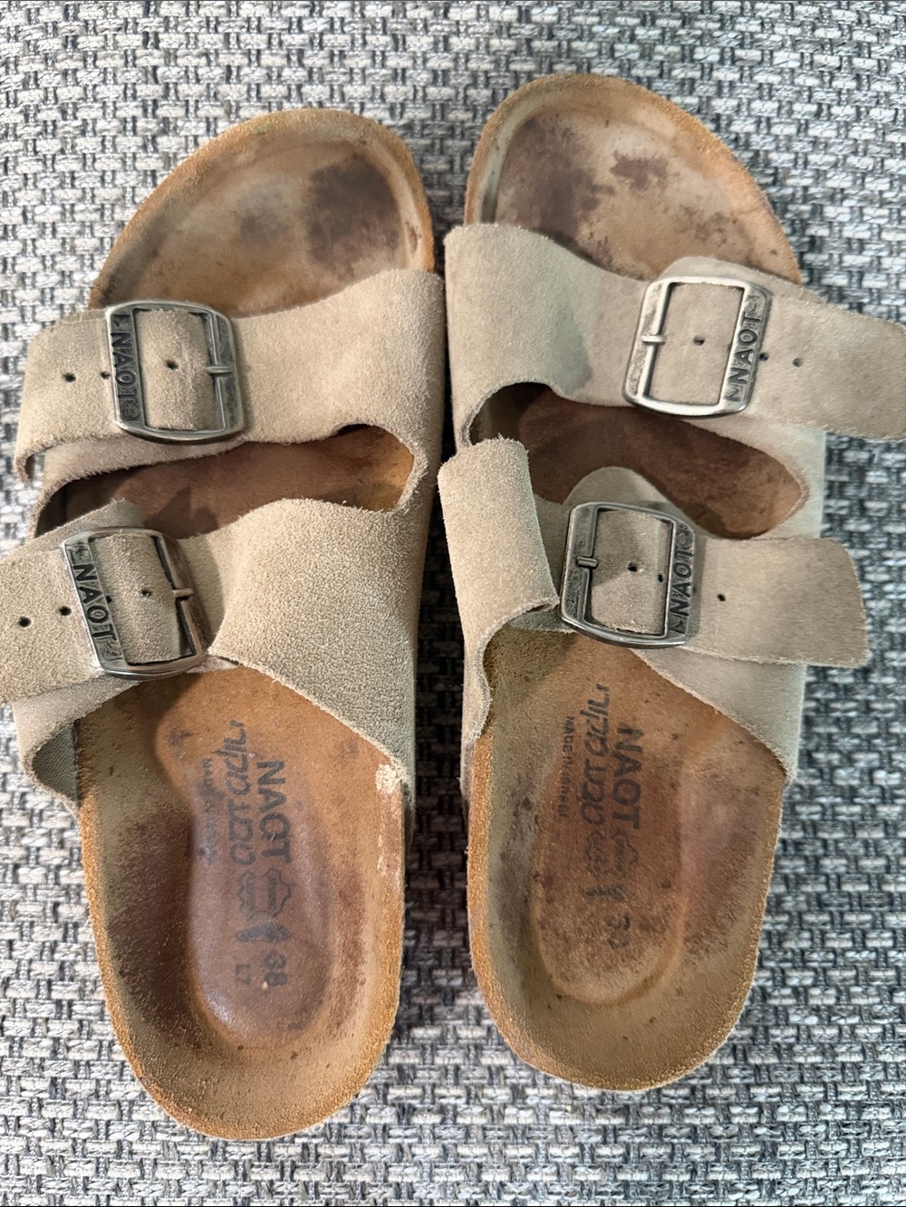 Naot Suede Double-Buckle Sandals in Taupe